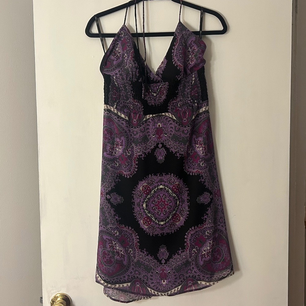 Boho Purple & Black Paisley Mini Dress – Spaghetti Strap, Flowy Fit